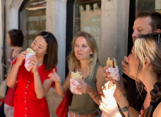 Our group tasting doner kebabs during istanbul food tour in old city.